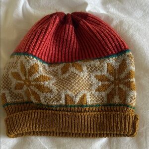 Red and Gold Knit Beanie with Snowflake Pattern 100% wool